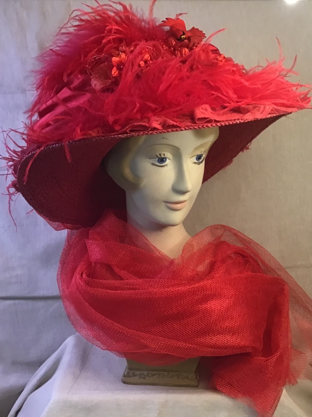 Vintage “Hopeless Romantic “ Straw Hat Millinery Vibrant Red Wide-Brim 31” Tulle